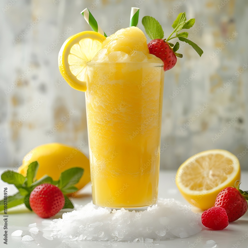 Glass of tasty lemon smoothie on table, closeup. Refreshing drink Glass of tasty lemon smoothie on table, closeup. Refreshing drink