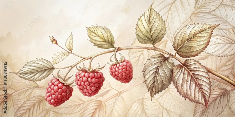 Naklejka premium A Detailed Botanical Illustration Featuring a Branch of Raspberries with Intricate Leaf Details on a Soft Background