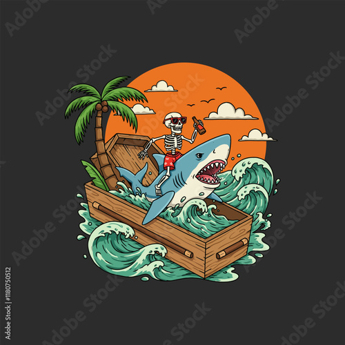 A cartoon skeleton in sunglasses enjoys a beer while riding a great white shark in a wooden coffin amidst tropical ocean waves.
