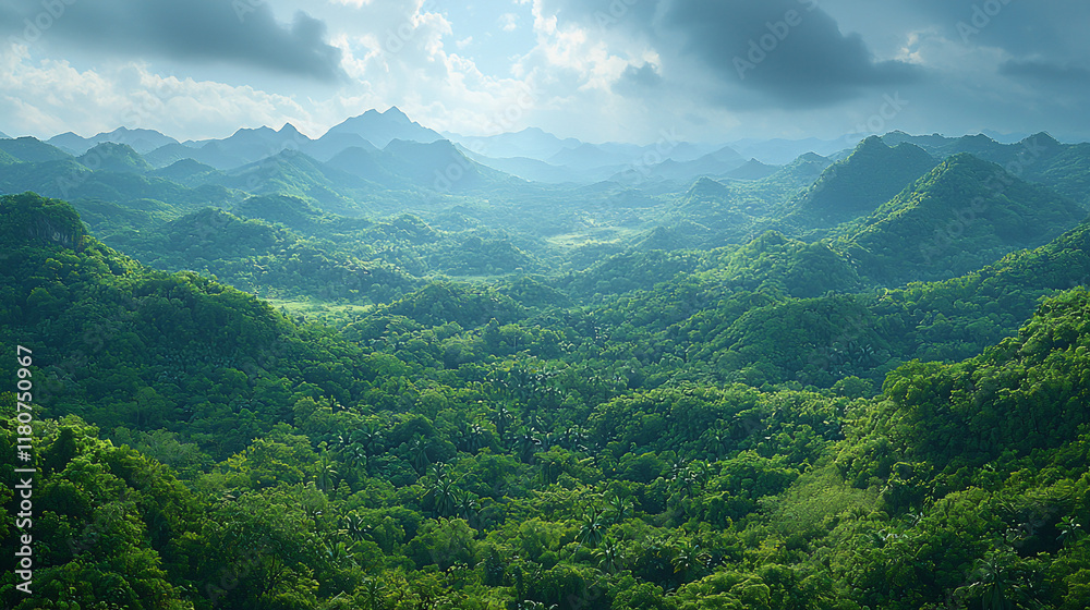 Naklejka premium Lush green mountain range valley landscape under cloudy sky.
