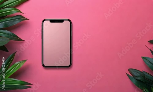 Modern smartphone with blank screen on vibrant pink background surrounded by green tropical leaves, perfect for technology and nature-themed content