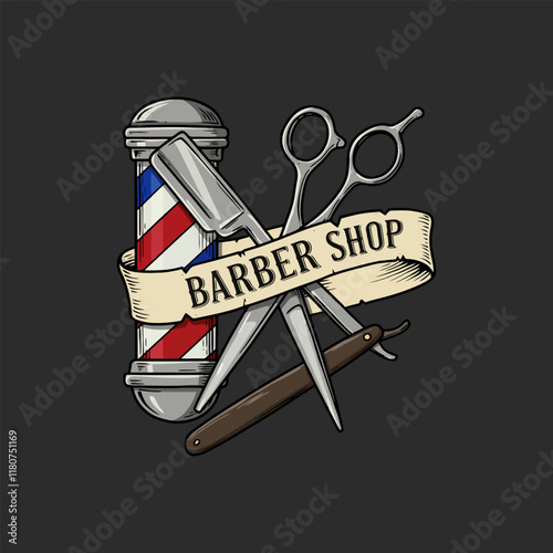 A vintage barber shop logo depicting a barber pole, scissors, and a straight razor.