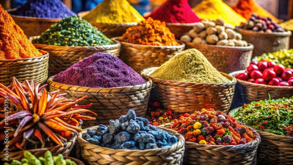 Fototapeta premium Vibrant herbs and spices overflow from colorful baskets in a bustling spice market.