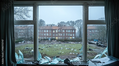 View of a devastated area through a broken window, showcasing debris and destruction outside.