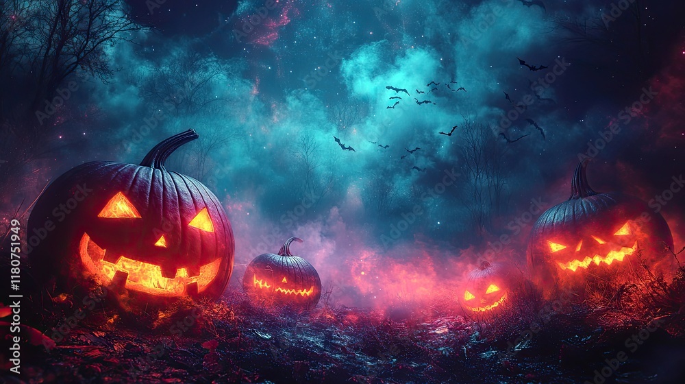 Glowing jack-o'-lanterns in spooky forest at night. Glowing jack-o'-lanterns in spooky forest at night.