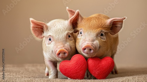 Valentine's Day banner with cute pigs and empty place for text. Two minipigs with red heart-shaped card. Warm colors and soft texture create romantic atmosphere. Love pets background with copy space. photo