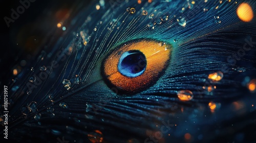 Close-up of a peacock feather with water droplets. Dark background. Use art print, website, social media