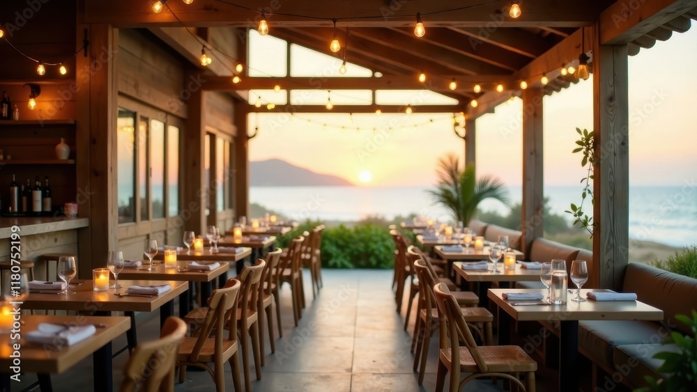 Fototapeta premium Oceanfront Dining Experience at Sunset Wooden Patio with String Lights and Tables Set for an Evening Meal