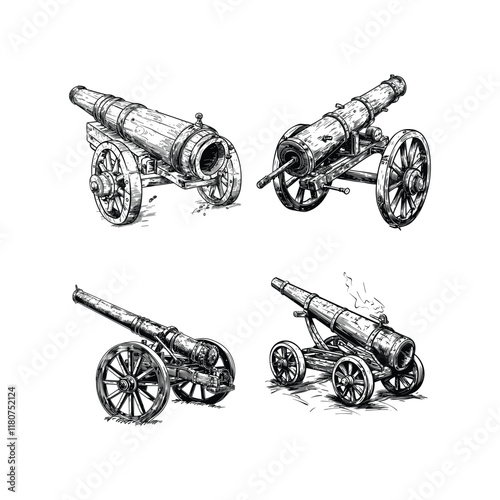 Cannon artillery hand drawn engraving design vector template illustration