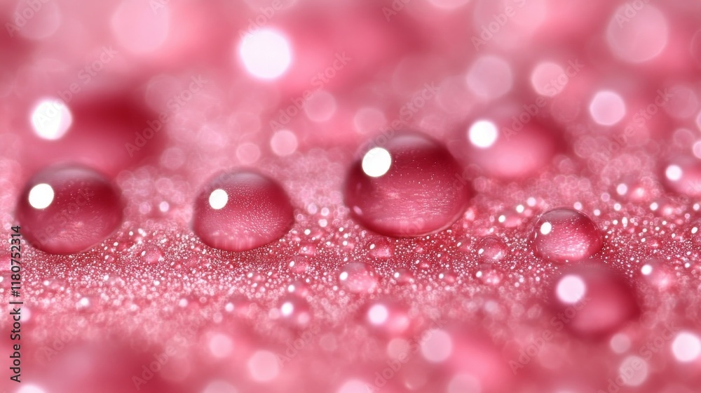 Close-up of Pink Water Droplets on Sparkling Surface Close-up of Pink Water Droplets on Sparkling Surface