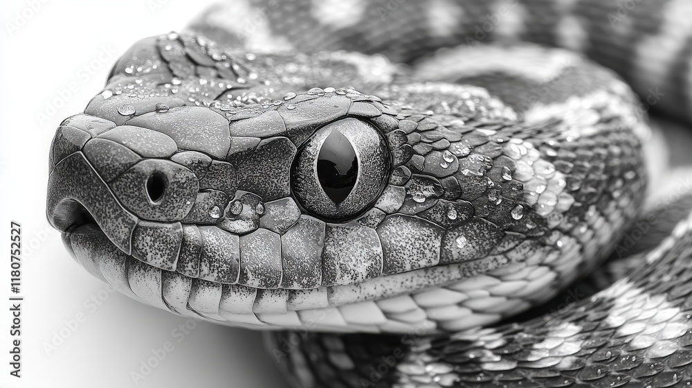 Fototapeta premium Close-up, monochrome snake head, scales, water droplets.
