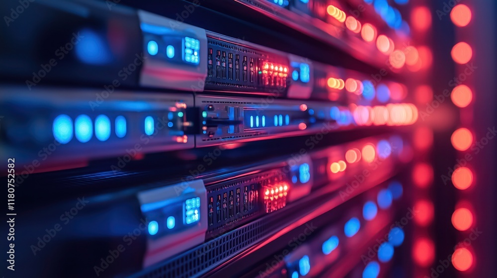 Close-up of modern server racks with glowing blue, red LEDs and network cables in a futuristic data center Close-up of modern server racks with glowing blue, red LEDs and network cables in a futuristic data center