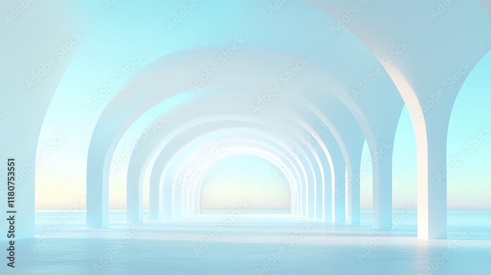 Fototapeta premium A long, narrow, white archway with a blue sky in the background