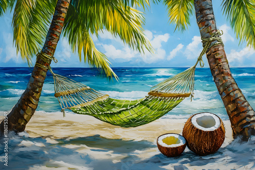 Tropical Escape: Hammock Under Palms With Refreshing Coconut Drink photo