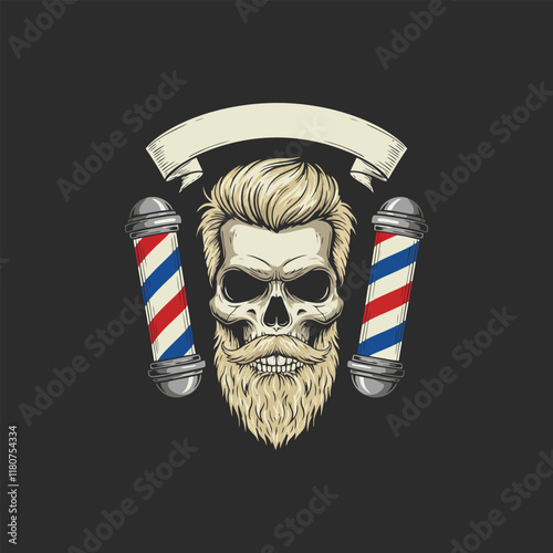 A vintage barber shop logo featuring a skull with a beard and stylish hair flanked by barber poles.
