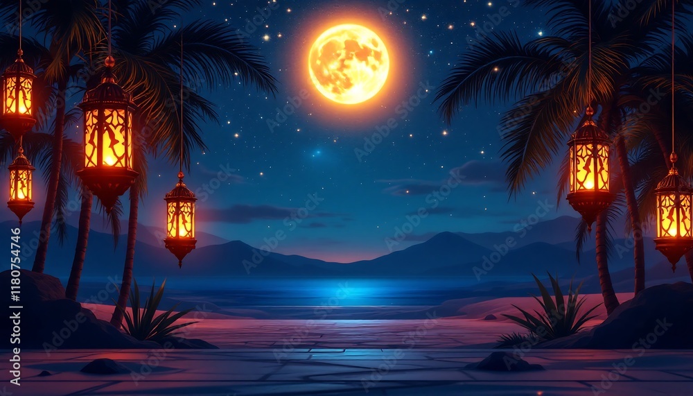 Magical Ramadan Night: Beach Scene with Lanterns and Full Moon - Stock Image Magical Ramadan Night: Beach Scene with Lanterns and Full Moon - Stock Image