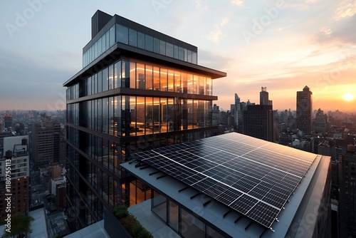Sleek minimalist glass and steel high rise building featuring cutting edge renewable energy technology including solar panels integrated into the facade