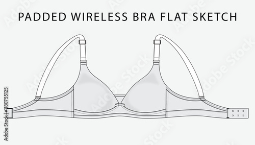 Padded wireless bra flatsketch, technical drawing, bralette, flat sketch, fashion technology, tech pack, vector, editable stroke