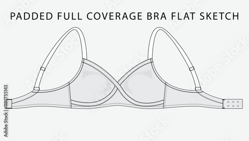 Full coverage bra flatsketch, technical drawing, bralette, flat sketch, fashion technology, tech pack, vector, editable stroke