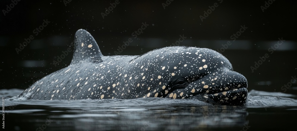 Fototapeta premium Spotted dolphin surfacing in dark water.