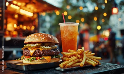 Delicious gourmet burger with melted cheese, crispy fries, and refreshing iced tea at a vibrant outdoor food market during the evening