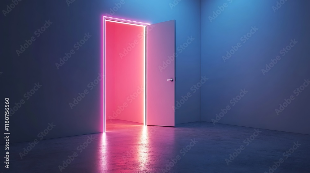 Neon Glow Illuminates Open Doorway In A Room Neon Glow Illuminates Open Doorway In A Room