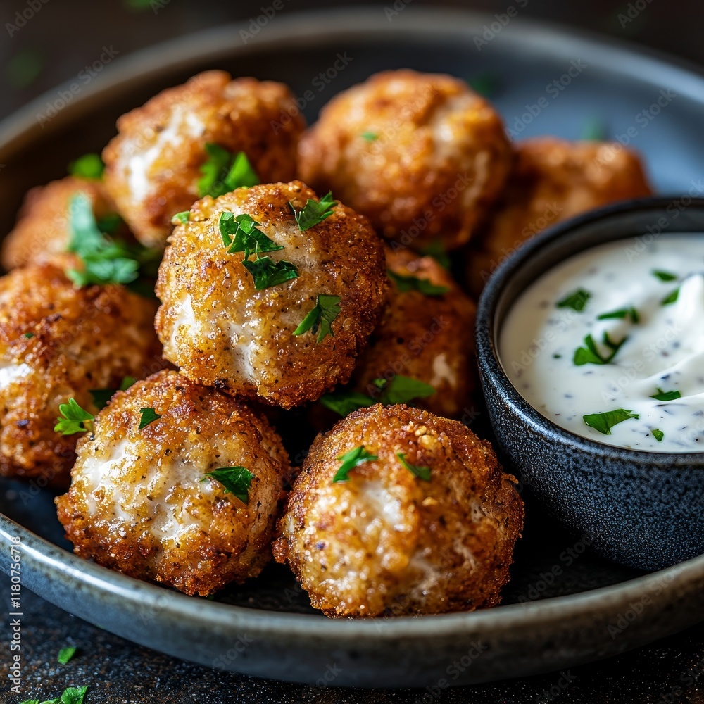Crispy fried chicken bites with creamy dip. Crispy fried chicken bites with creamy dip.