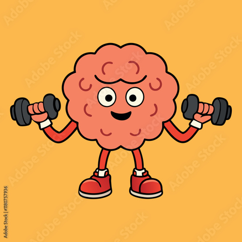  brain cartoon mascot doing dumbbells