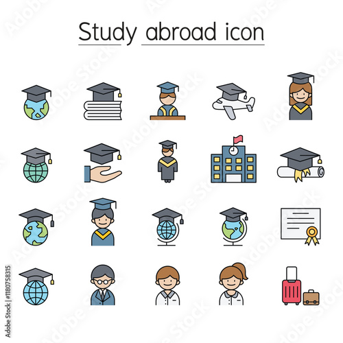 Study abroad icon set in thin line style