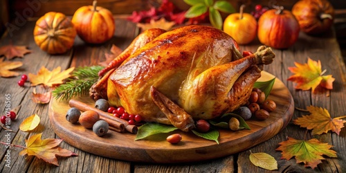 A perfectly roasted turkey with golden-brown skin and juicy meat, sitting on a wooden platter surrounded by fall leaves and seasonal decorations , golden brown turkey, roasted turkey photo