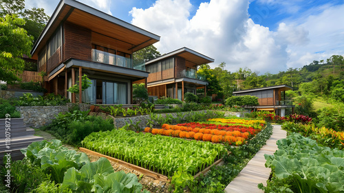 Fototapeta Naklejka Na Ścianę i Meble -  Modern villas nestled in lush, vibrant gardens.