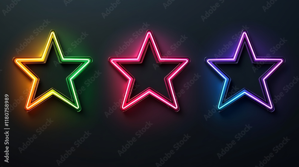 Obraz premium Three Neon Stars Glowing Brightly Against Dark Background
