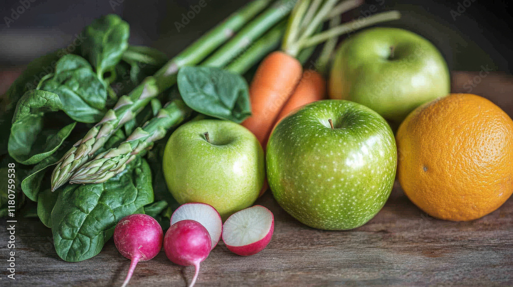 A vibrant stock photo of fresh spring fruits and vegetables, featuring green apples, asparagus A vibrant stock photo of fresh spring fruits and vegetables, featuring green apples, asparagus