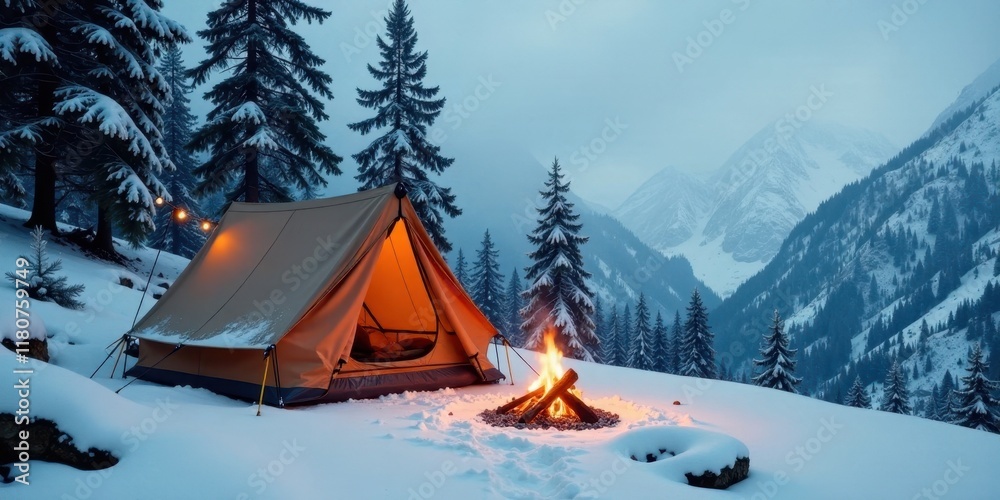 Winter Camping Scene Illuminated Tent and Campfire in Snowy Mountain Landscape Winter Camping Scene Illuminated Tent and Campfire in Snowy Mountain Landscape