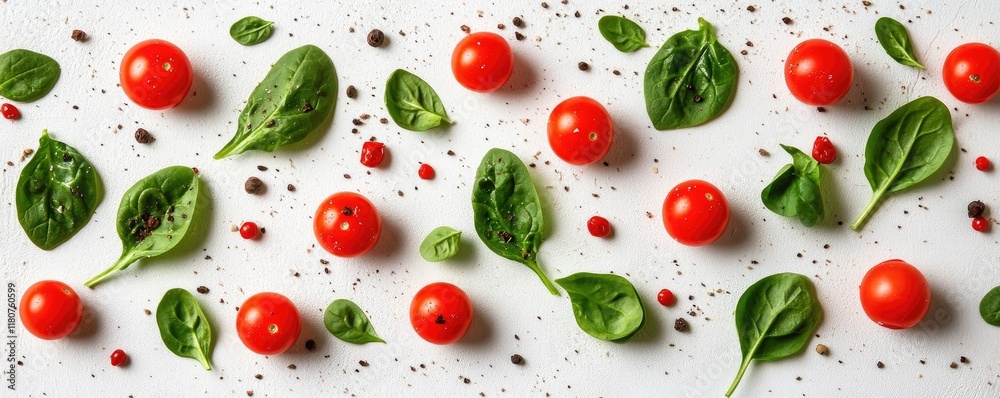 Fresh cherry tomatoes and spinach leaves on a white background Fresh cherry tomatoes and spinach leaves on a white background