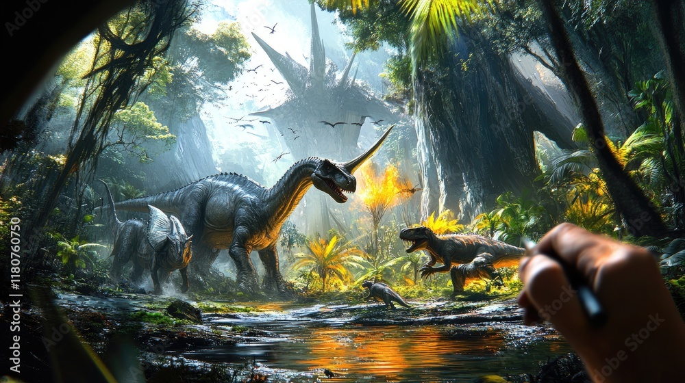 Naklejka premium A vibrant prehistoric scene depicting dinosaurs in a lush jungle setting.