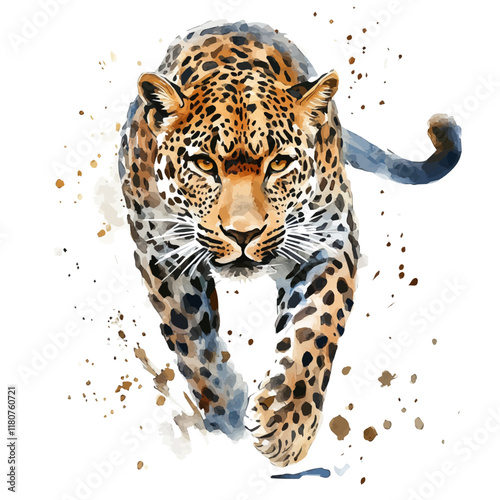 A watercolor illustration of a leopard stalking its prey through tall grass, isolated on a white background. Leopard stalking vector.
