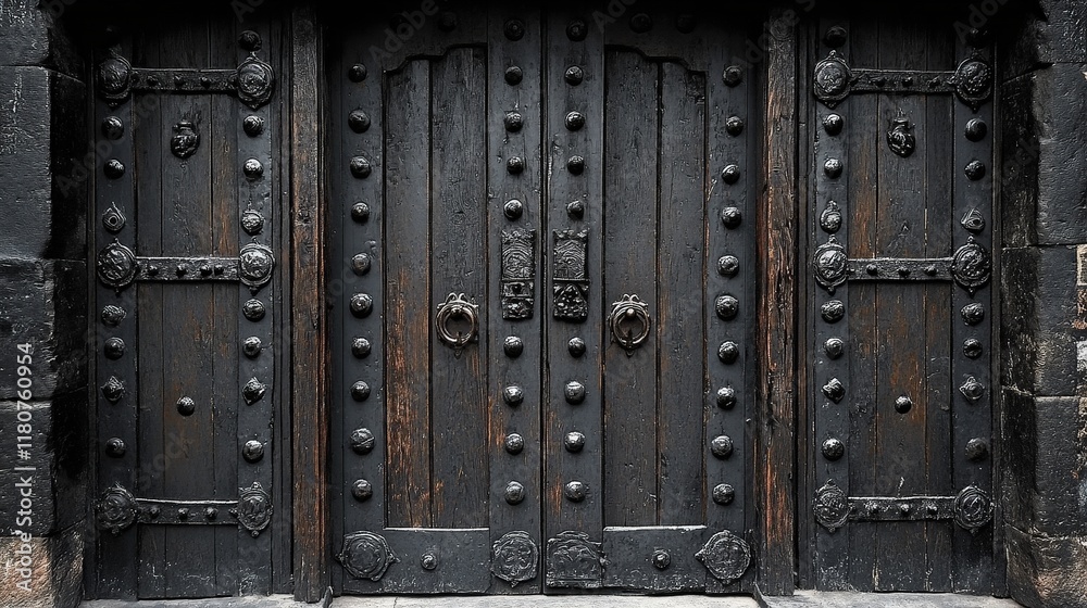 Fototapeta premium Ancient dark wooden door, ornate metalwork.