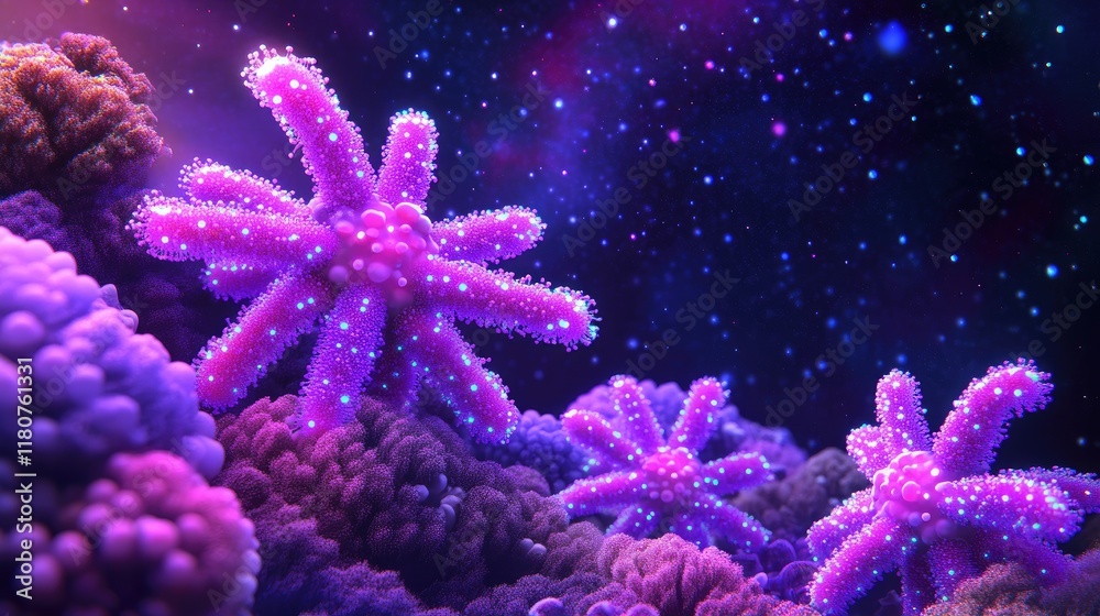 Vibrant coral formations in a cosmic underwater scene Vibrant coral formations in a cosmic underwater scene