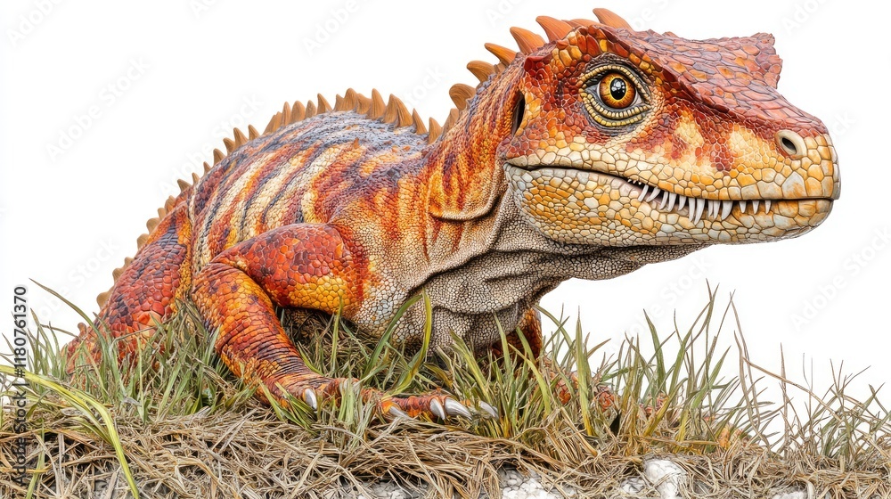 Fototapeta premium A colorful dinosaur-like creature perched on grass, showcasing detailed textures and colors.