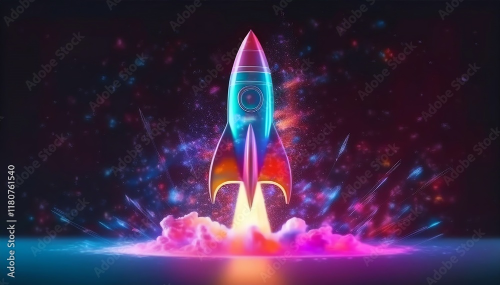 A colorful rocket launches into a vibrant cosmic scene, surrounded by bright light and smoke, symbolizing exploration and adventure in space. A colorful rocket launches into a vibrant cosmic scene, surrounded by bright light and smoke, symbolizing exploration and adventure in space.