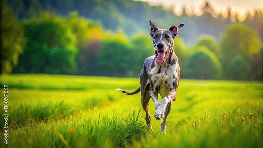 Playful Great Dane in Silly Lope Across a Lush Green Field - Tilt-Shift Photography Captures the Joyful Spirit of This Gentle Giant in a Vibrant Outdoor Setting Playful Great Dane in Silly Lope Across a Lush Green Field - Tilt-Shift Photography Captures the Joyful Spirit of This Gentle Giant in a Vibrant Outdoor Setting