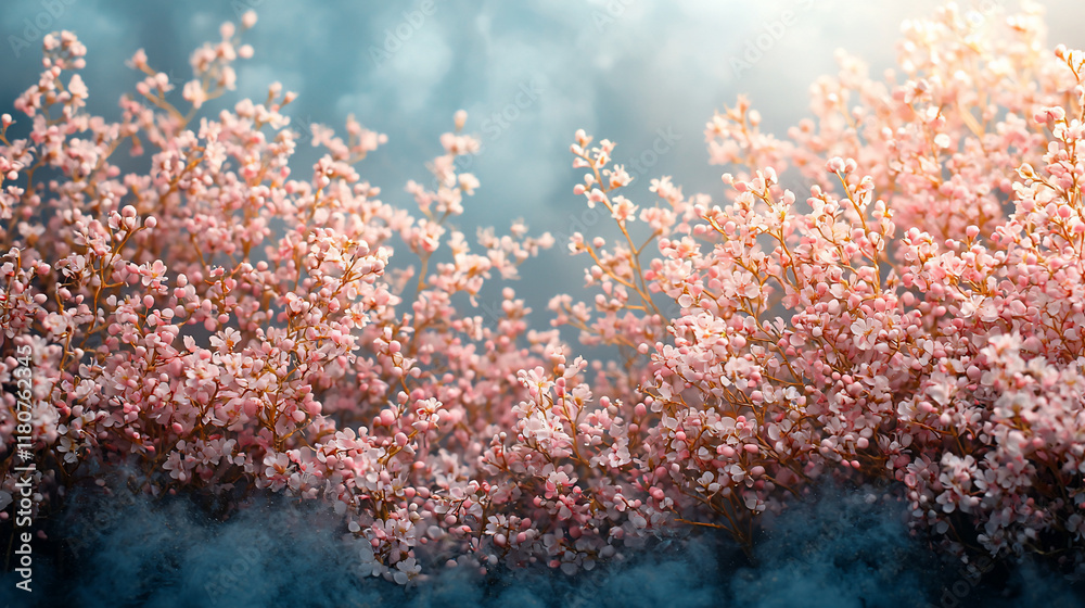 Fototapeta premium Pink blossoms blooming in misty spring scene.