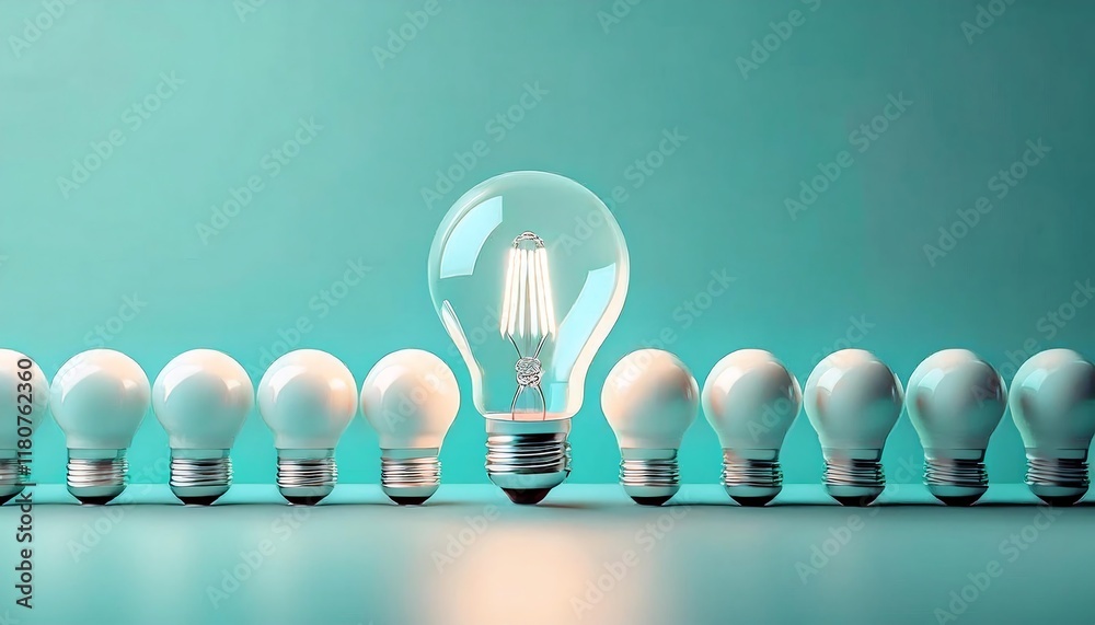 A glowing light bulb stands out among a row of unlit bulbs, symbolizing innovation and bright ideas against a teal background.