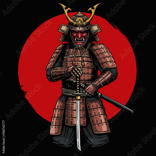 The image depicts a fearsome samurai in traditional armor, holding a katana against a red sun backdrop.