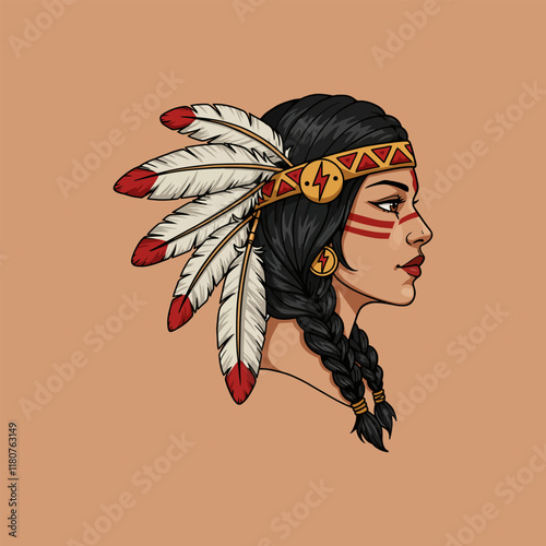 A stylized profile illustration of a Native American woman adorned with a feather headdress and traditional face paint.