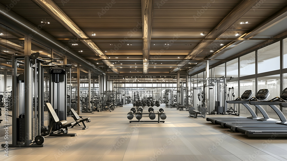 Obraz premium Luxurious hotel gym with modern equipment, ocean view, workout space.