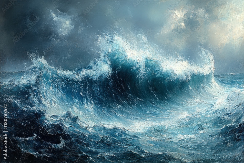 Fototapeta premium Ocean waves crashing, stormy sky, impasto painting.