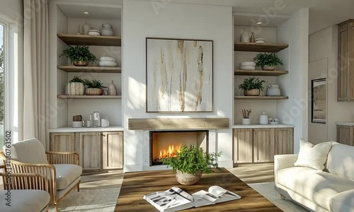 Modern living room with fireplace, wooden shelves, and cozy seating arrangement in a bright, minimalist home interior
