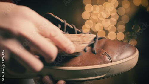 Leather shoe polishing and shine process with warm bokeh lights. Brown casual shoe maintenance close-up with brush photo